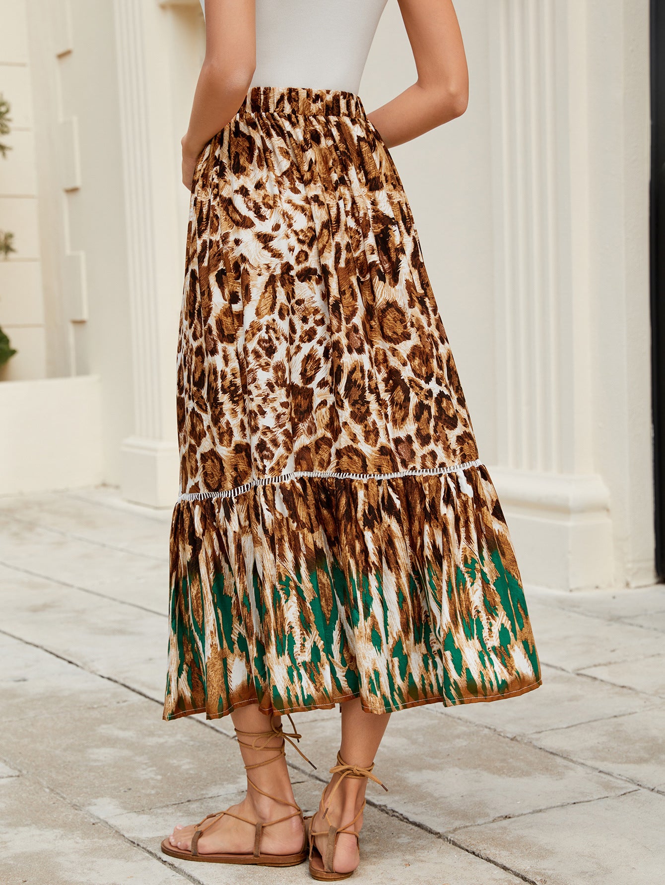 Rayon Leopard Print Elastic Waist Bohemian Beach Vacation Skirt - ALZO