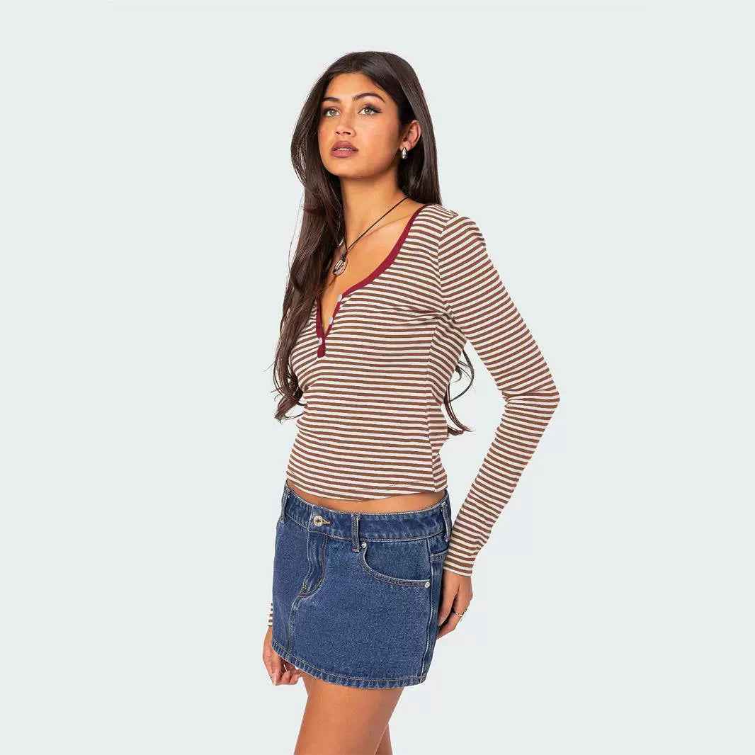 Contrast Color Striped Sweater Clothes Women Top Button Slim Fit Shoulder T shirt Pure Cotton