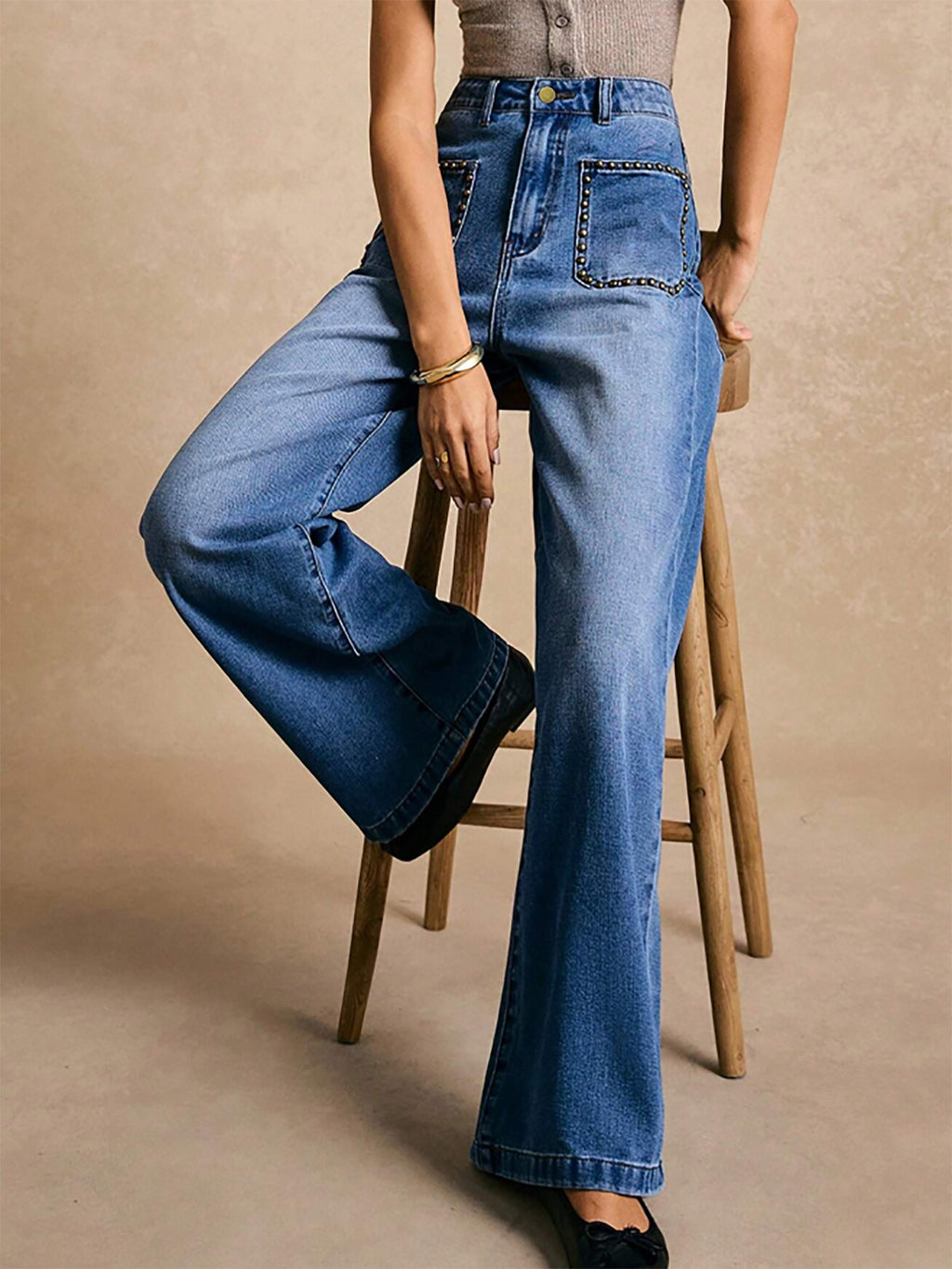 Rivet Inlaid Pocket Wide Foot Mouth Washed Denim Slim Straight Trousers - ALZO