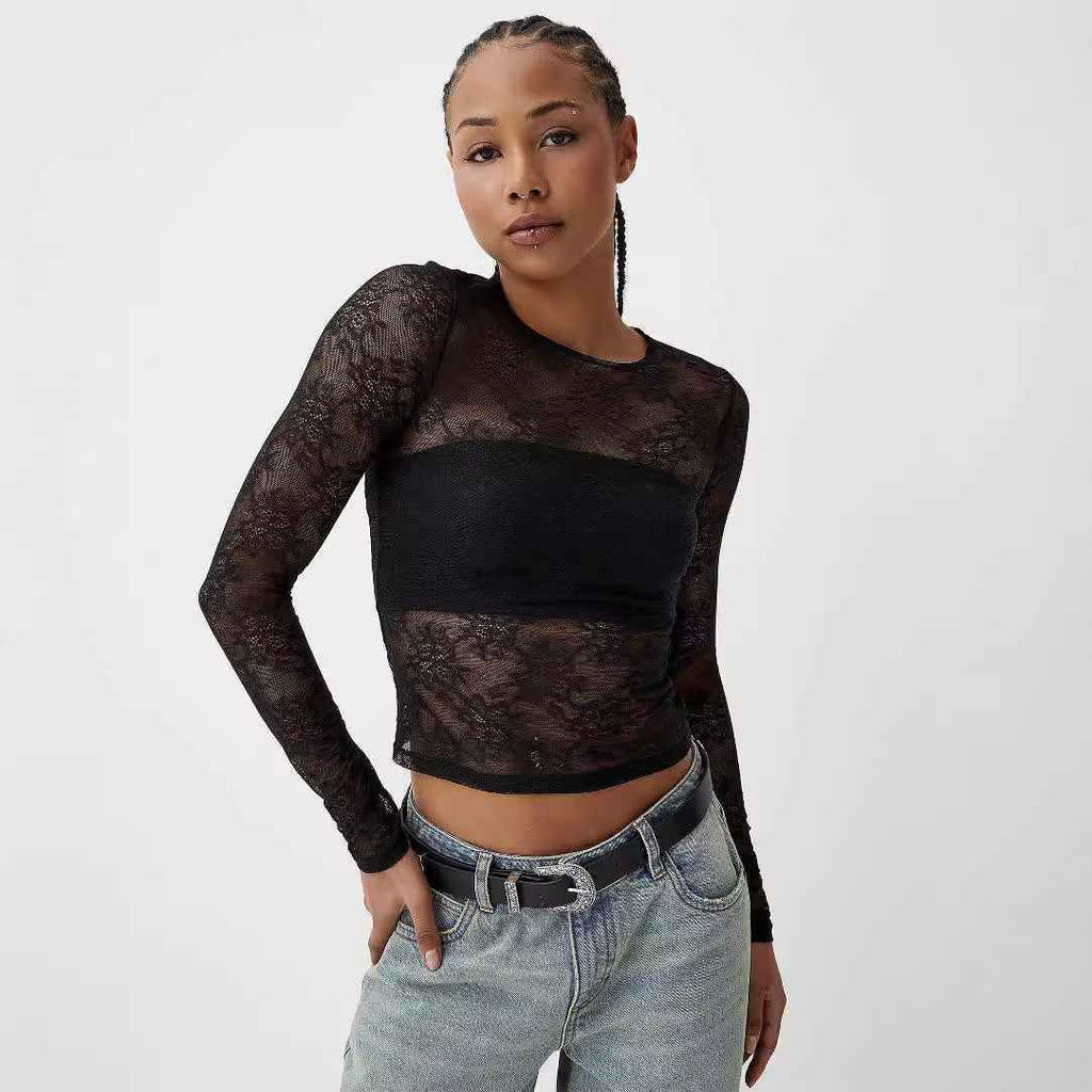 Ladies Bottoming Shirt See through Sexy round Neck Slim Solid Color Long Sleeve Lace Top