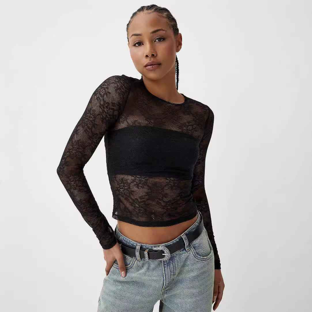 Ladies Bottoming Shirt See through Sexy round Neck Slim Solid Color Long Sleeve Lace Top
