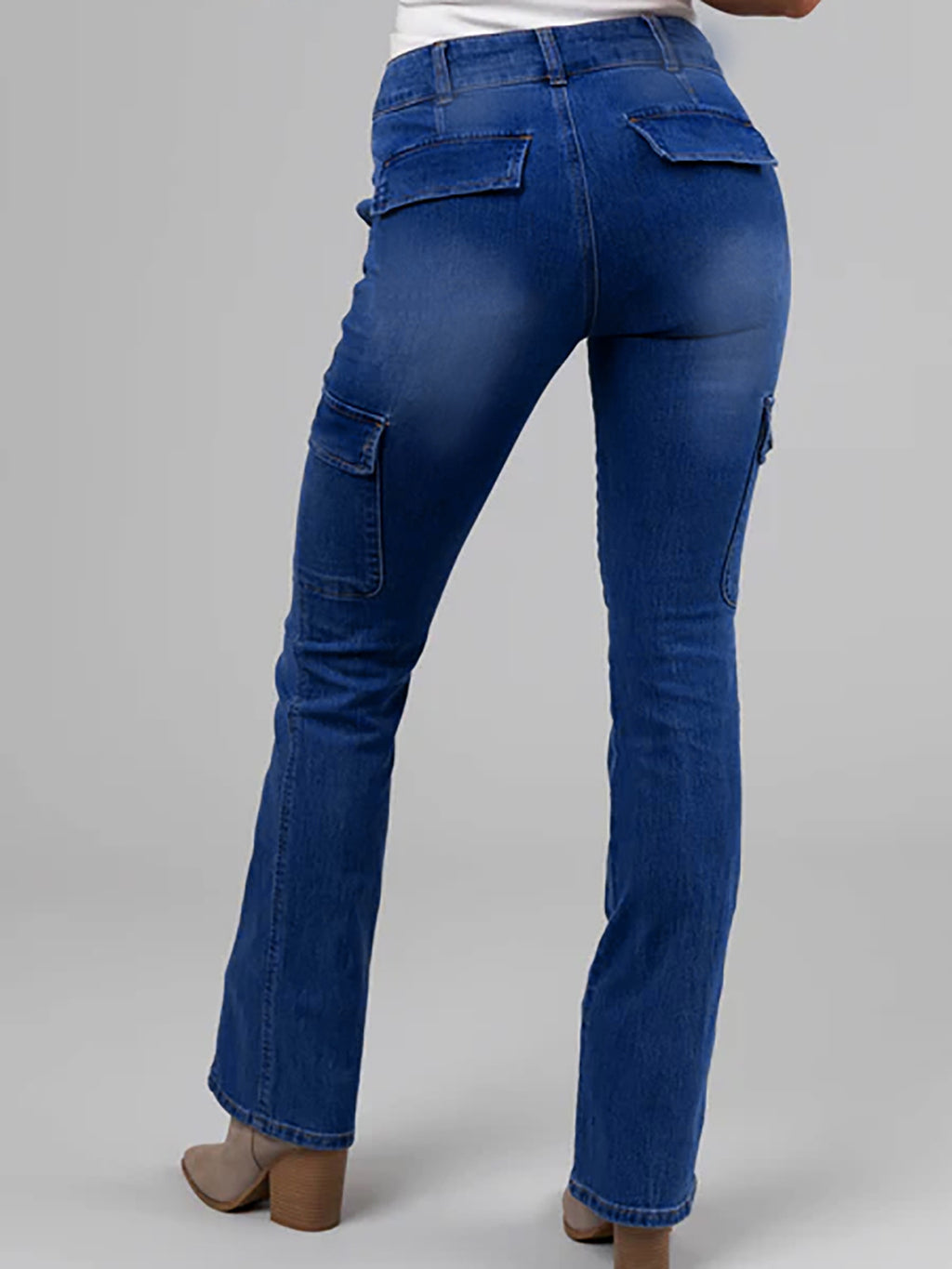Ladies Double Buckle Waist Stitching Multi Pocket Side Sticker Bag Overalls Denim Stretch Trousers - ALZO