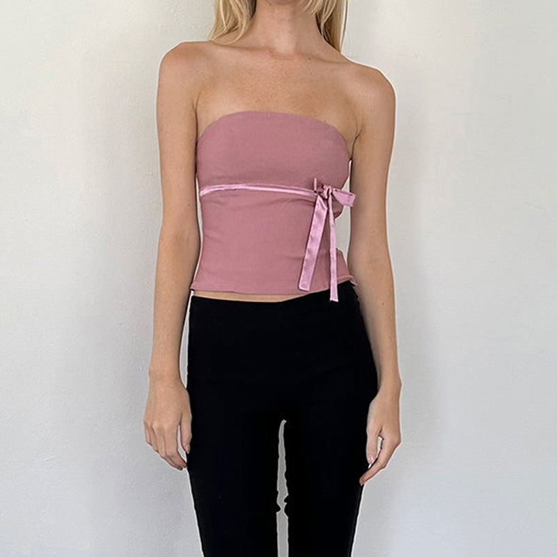 Girly Solid Color Bow Sleeveless Tube Top Women Bottoming Spring - ALZO
