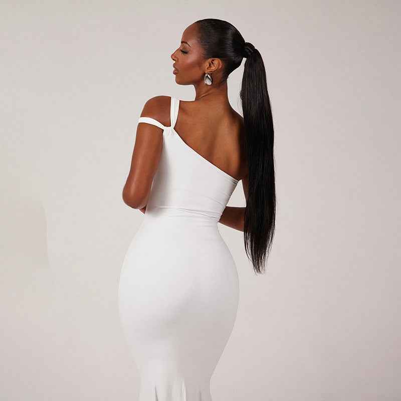 Women Sexy Ladies Dress Solid Color Basic One Shoulder Cut out Ruffled Irregular Asymmetric Tube Top Dress