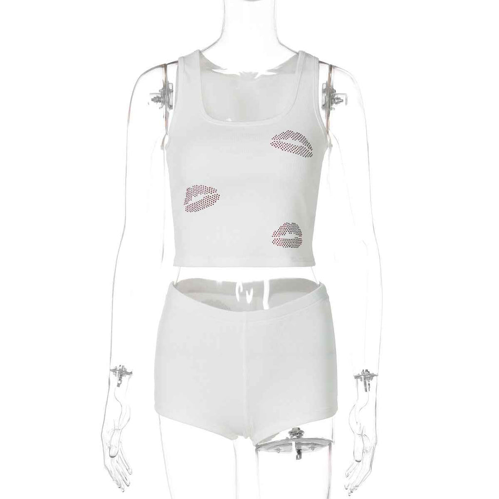 Women Clothing Summer Rhinestone Cropped Vest Slim Sports Leggings Two Piece Sets