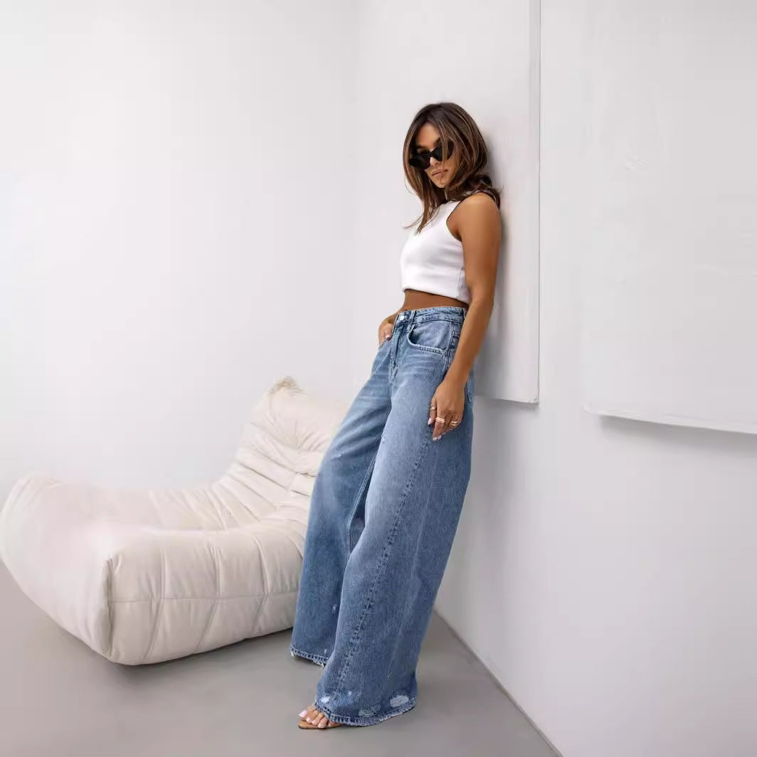 Retro Straight Ripped Jeans Women Summer Wide Leg Pants - ALZO