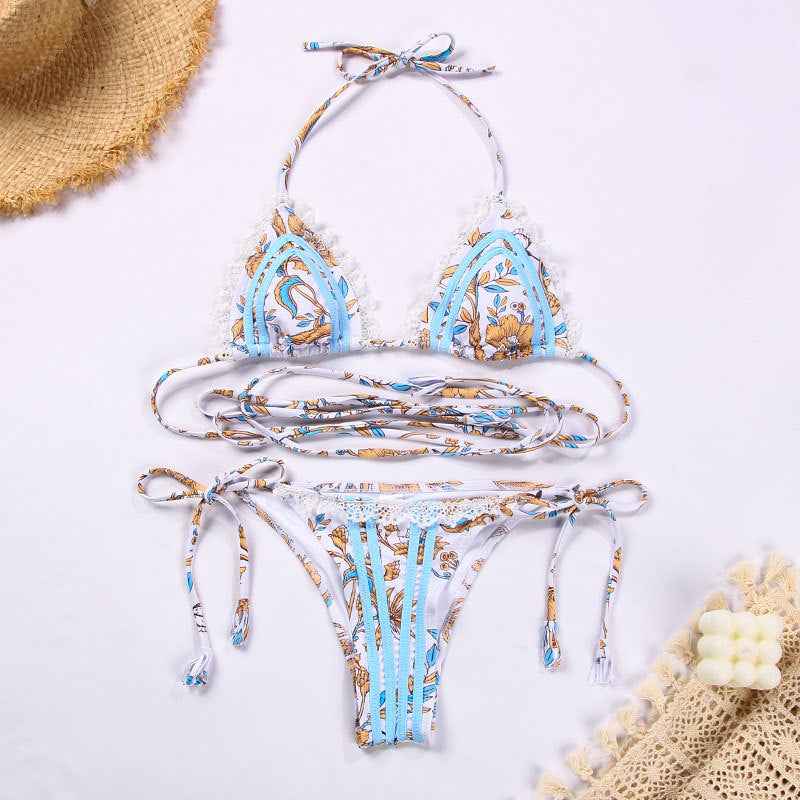 Swimsuit Women Sexy Ribbon Stitching Lace Strap Printing Bikini