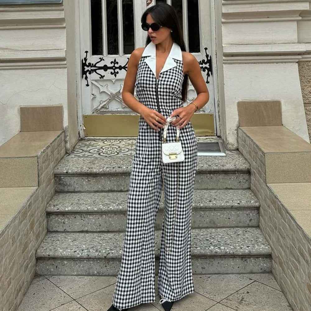 Sexy Backless Hollow Out Cutout out Loose Waist Blouse Collar Zipper Plaid Jumpsuit Wide Leg Pants