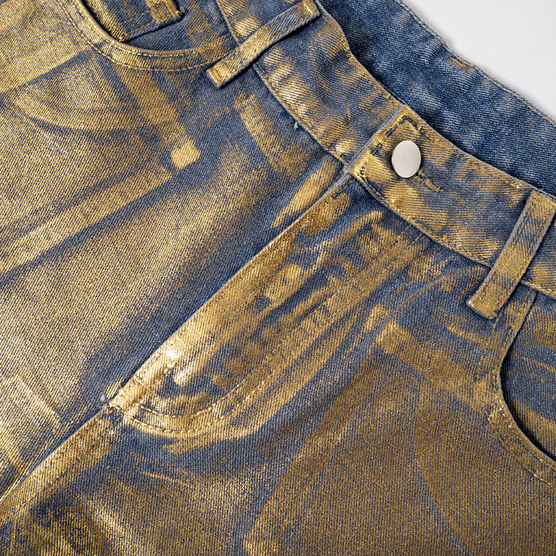 Metallic Coated Fabric Women Clothing Autumn Winter Street Bronzing Pocket Straight Denim Trousers - ALZO