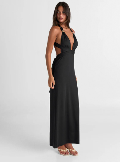Women Clothing Low Cut Pleated Adjustable Height Metal Ring Buckle Dress