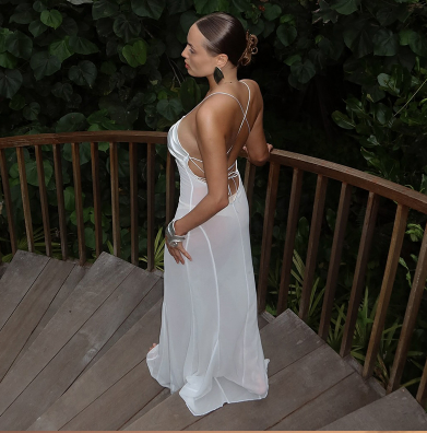 Women Clothing Summer Mesh See through Sling Drawstring Backless Sexy Dress - ALZO