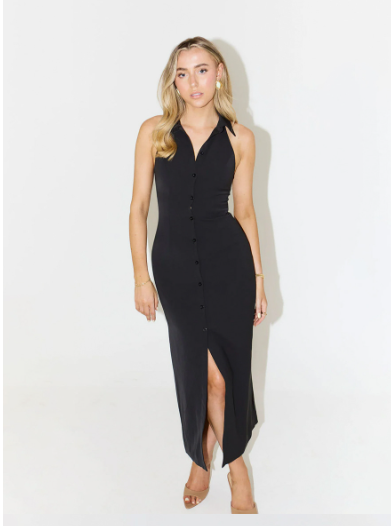 Simple Slit Maxi Dress Summer Polo Collar Sleeveless Dress Women