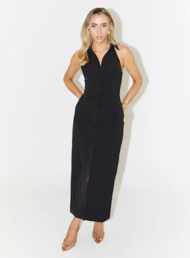 Simple Slit Maxi Dress Summer Polo Collar Sleeveless Dress Women