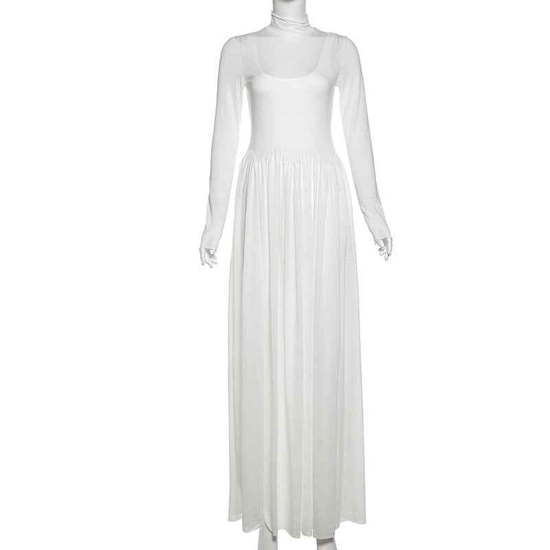 Dores winter maxi dress set in white with long sleeves and flowing skirt for elegant winter outings