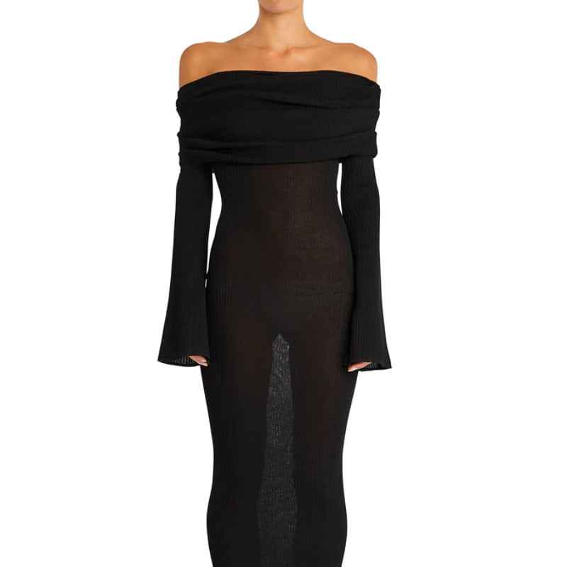 Elegant black pleated knitted women's dress with off-shoulder design and long sleeves