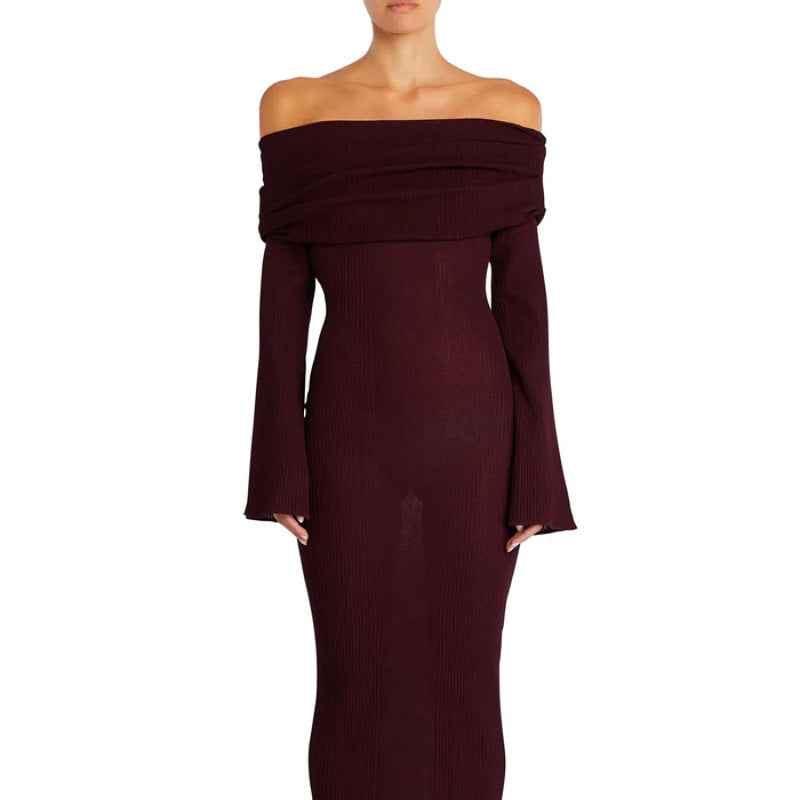 Elegant off-the-shoulder pleated knitted women's dress in deep burgundy color from Japear