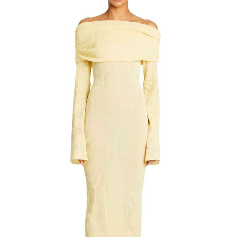 Japear pleated knitted women's dress in soft yellow with off-shoulder design and long sleeves