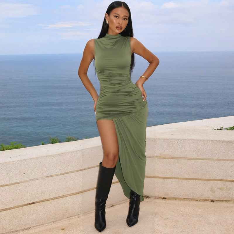 BULLINGER Sleeveless Sheath Dress Women in Olive Green with Slit and Fitted Silhouette