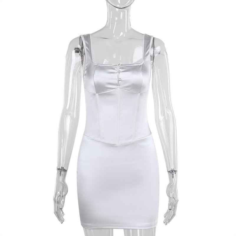FREYA Slim fit square collar dress in white with a sleek design and button detailing