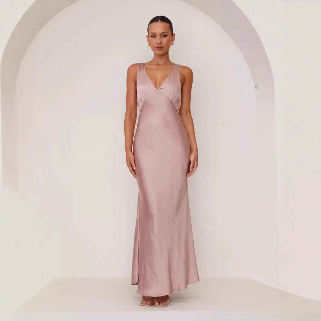 Elegant v neck solid color dress women in soft pink, perfect for evening occasions and formal events