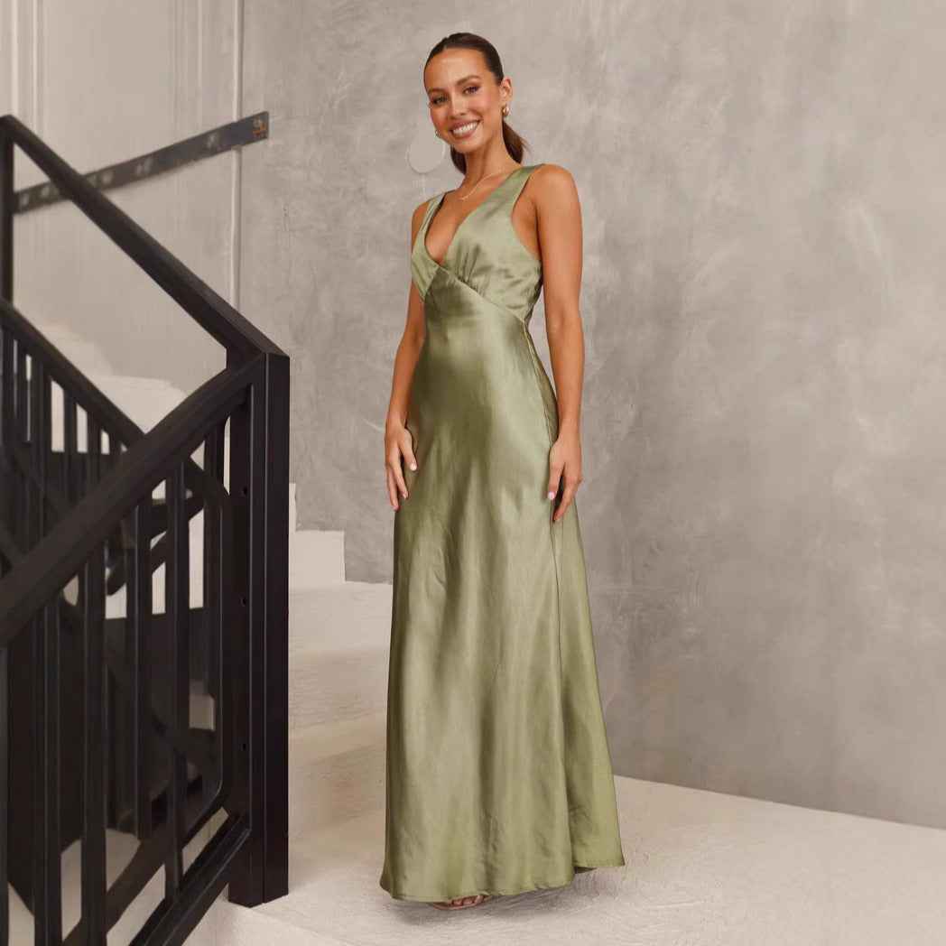 Elegant v neck solid color dress women in olive green, perfect for formal occasions