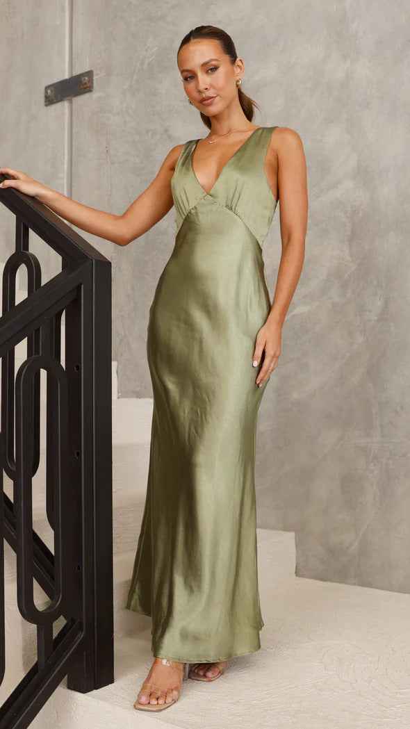 XUYUN v neck solid color dress women in olive green, elegant and stylish evening wear