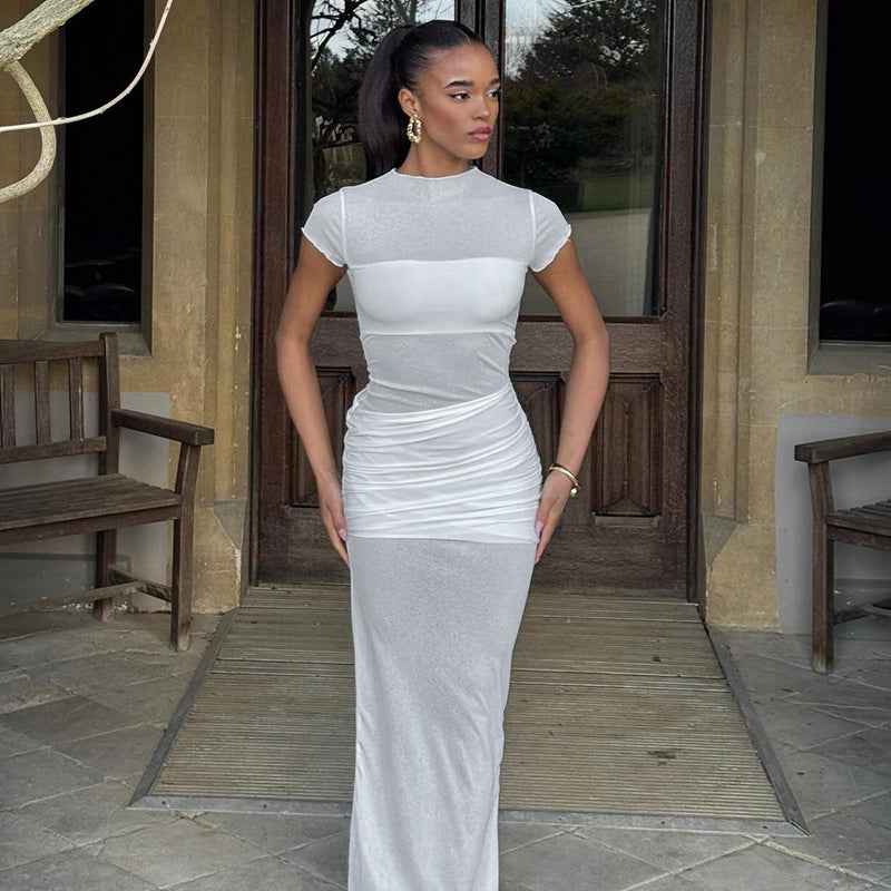COORAL women's slim fit maxi dress in gray with short sleeves and stylish draped design